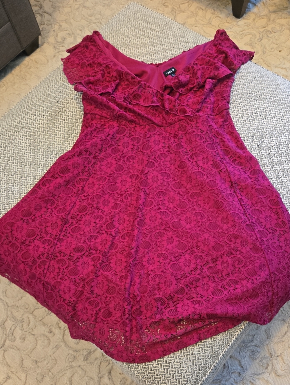 torrid Fuchsia Lace Ruffle V-Neck Dress